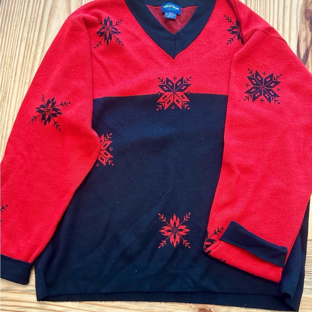 Guess Festive Red and Black V-Neck Sweater